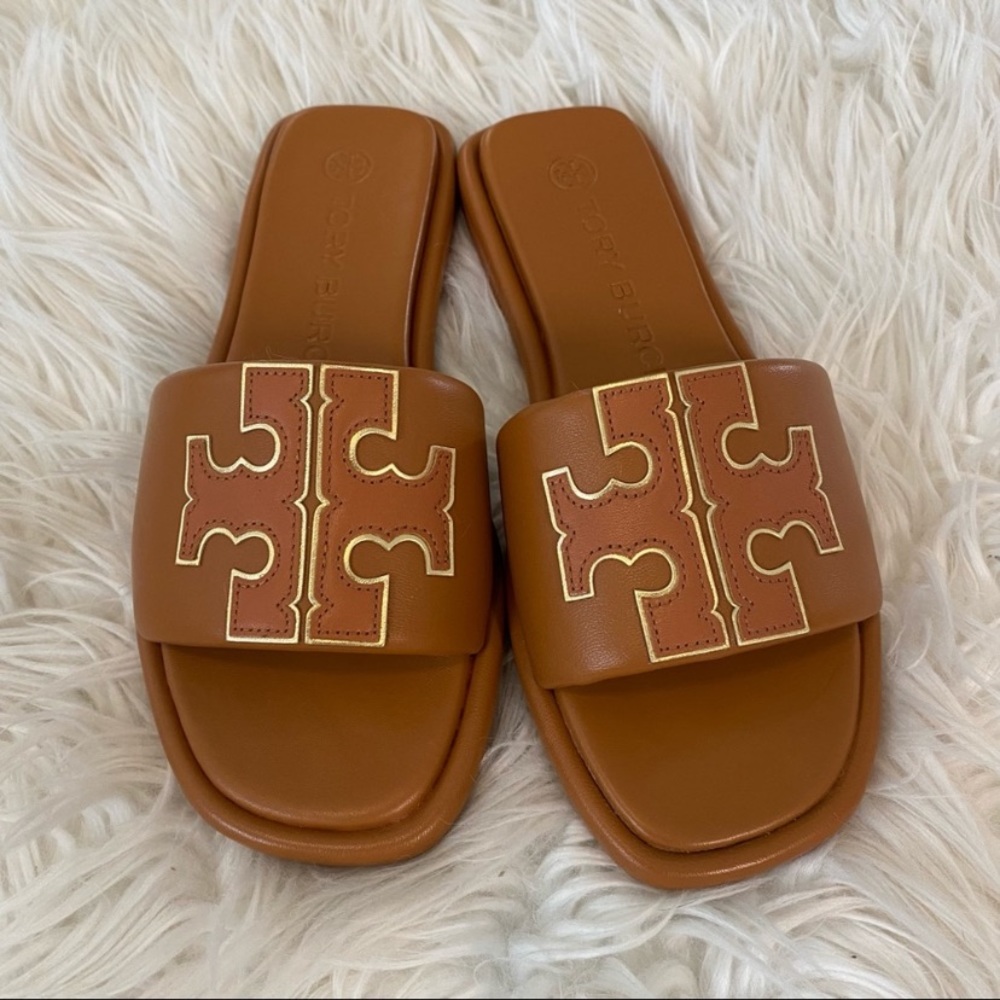Tory Burch Double T Sport Slide in Aged Camello